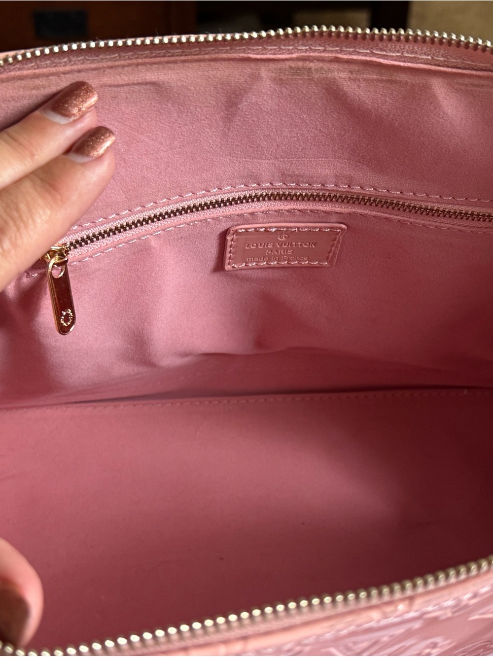 Pink Patent Monogram Satchel with Gold-Tone Hardware- fun bag! - Picture 3 of 7